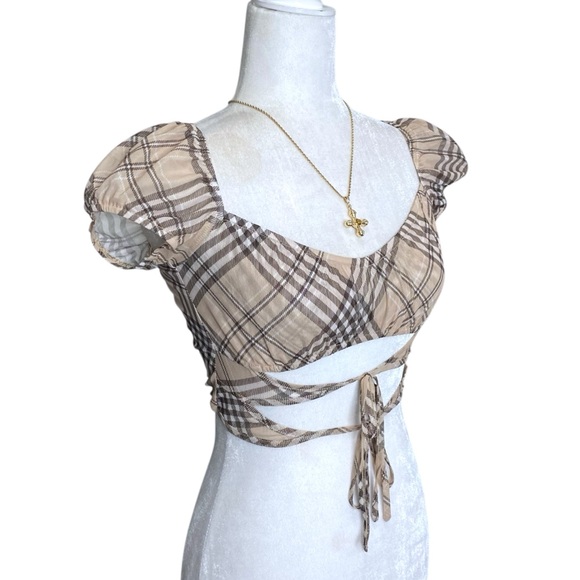 Tiger Mist Karim Plaid Crop Top Womens Semi Sheer Boho Milkmaid Sz XS - Picture 5 of 8